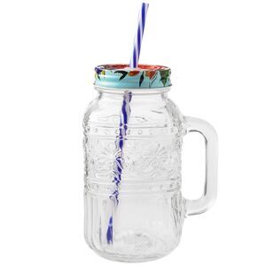 Large Glass Mason Drinking Jar Mug w/ Handle, Straw & Floral Lid 32 Oz